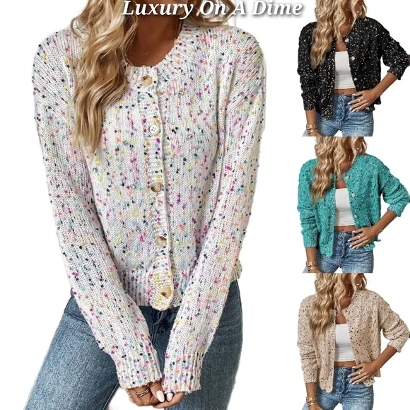 Rhinestone Colorful Popcorn Confetti Knit Cardigan Long Sleeve Button-Up Sweater
