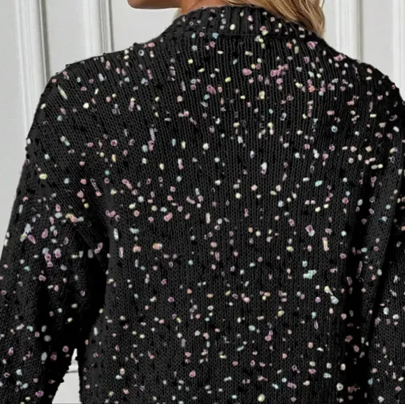 Rhinestone Colorful Popcorn Confetti Knit Cardigan Long Sleeve Button-Up Sweater