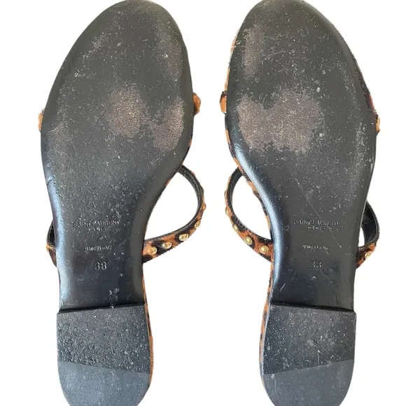 Saint Laurent Kiki Leopard Calf Hair Flat Sandals with Stud for Women Size 38