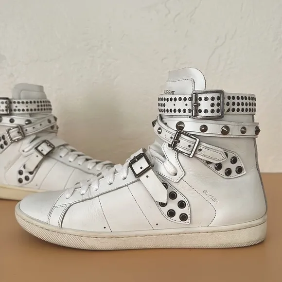 Saint Laurent Paris leather studded wrap high top white sneakers AUTHENTIC 38/8