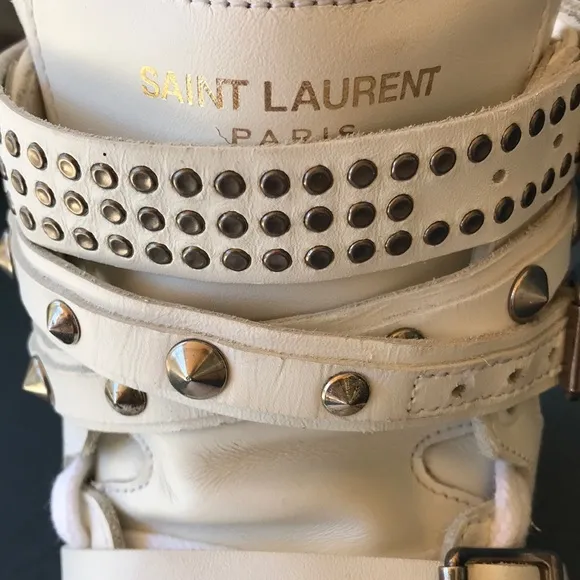 Saint Laurent Paris leather studded wrap high top white sneakers AUTHENTIC 38/8