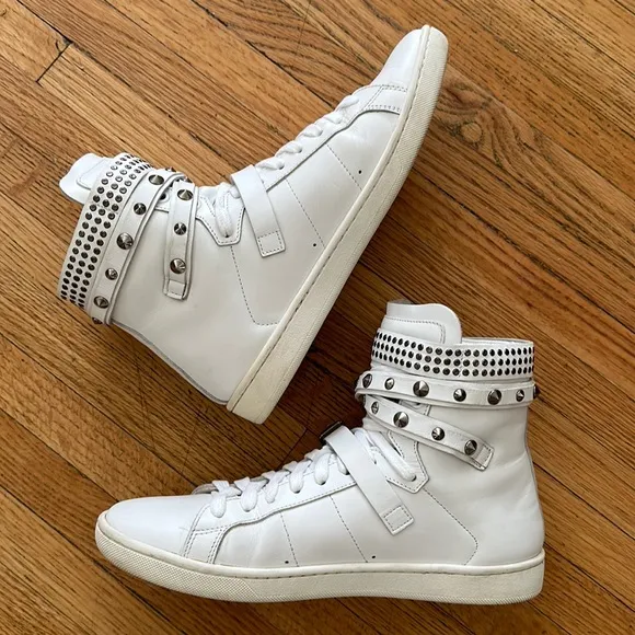 Saint Laurent Paris leather studded wrap high top white sneakers AUTHENTIC 38/8