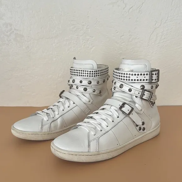 Saint Laurent Paris leather studded wrap high top white sneakers AUTHENTIC 38/8