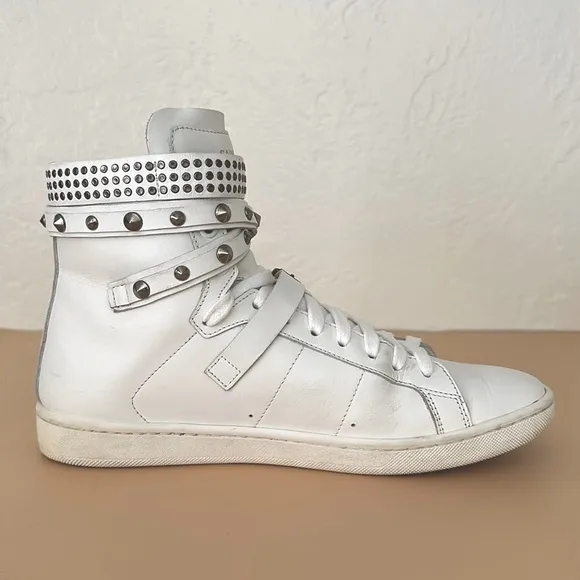Saint Laurent Paris leather studded wrap high top white sneakers AUTHENTIC 38/8