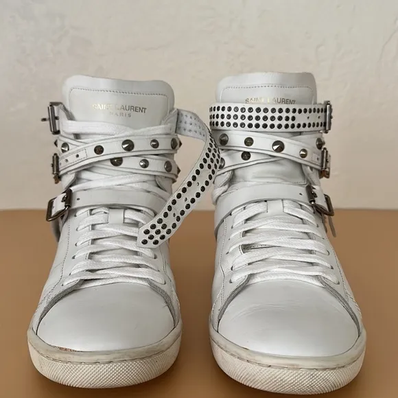 Saint Laurent Paris leather studded wrap high top white sneakers AUTHENTIC 38/8