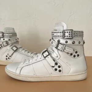 Saint Laurent Paris leather studded wrap high top white sneakers AUTHENTIC 38/8