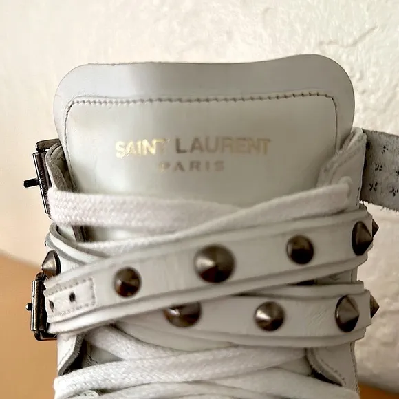 Saint Laurent Paris leather studded wrap high top white sneakers AUTHENTIC 38/8