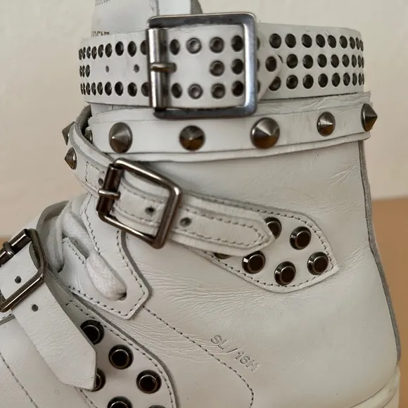 Saint Laurent Paris leather studded wrap high top white sneakers AUTHENTIC 38/8