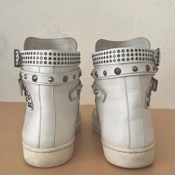 Saint Laurent Paris leather studded wrap high top white sneakers AUTHENTIC 38/8