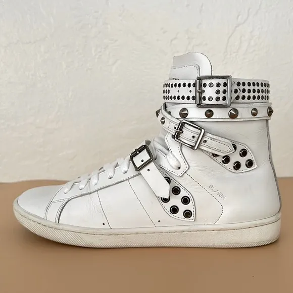 Saint Laurent Paris leather studded wrap high top white sneakers AUTHENTIC 38/8