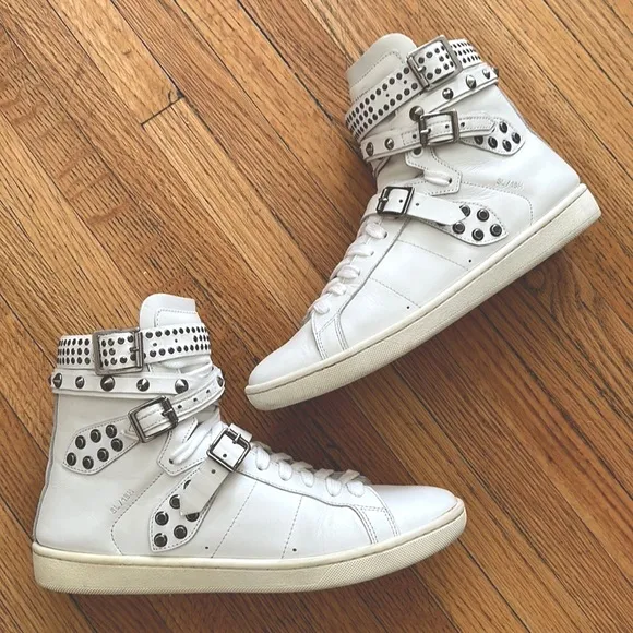 Saint Laurent Paris leather studded wrap high top white sneakers AUTHENTIC 38/8