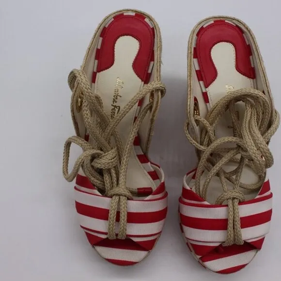 Salvatore Ferragamo Evita Woven Striped White/Red Inset Espadrilles Shoes $550