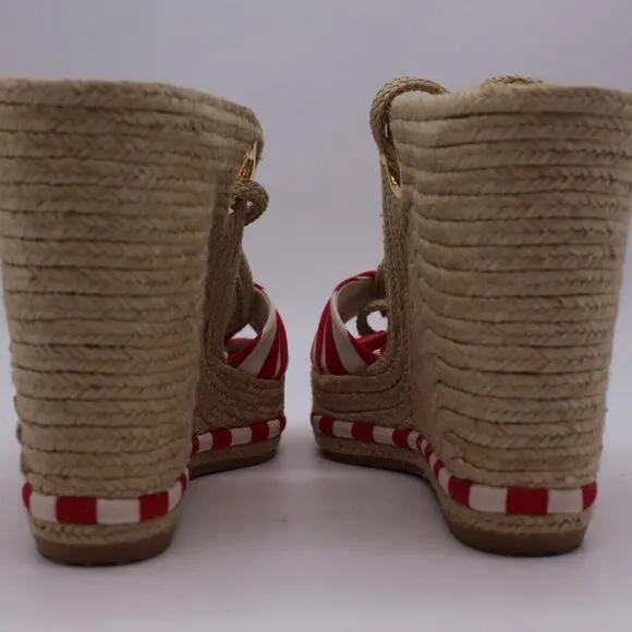 Salvatore Ferragamo Evita Woven Striped White/Red Inset Espadrilles Shoes $550