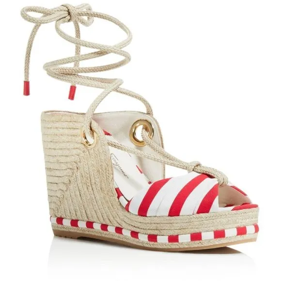 Salvatore Ferragamo Evita Woven Striped White/Red Inset Espadrilles Shoes $550