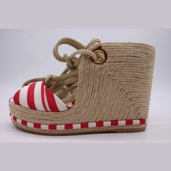 Salvatore Ferragamo Evita Woven Striped White/Red Inset Espadrilles Shoes $550