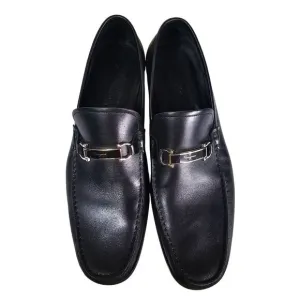 Salvatore Ferragamo Mens Black Leather Loafers 10.5D Silver Gancini Quiet Luxury