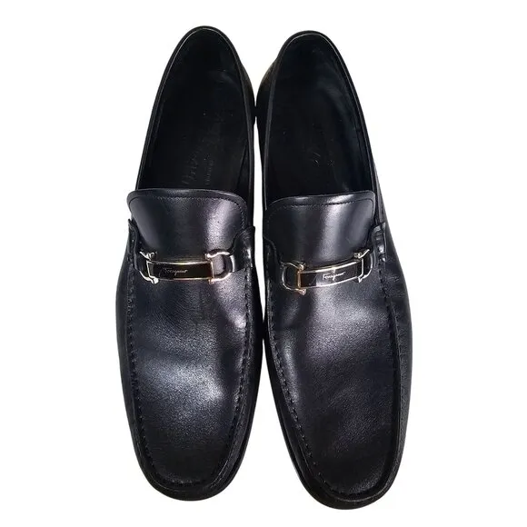 Salvatore Ferragamo Mens Black Leather Loafers 10.5D Silver Gancini Quiet Luxury