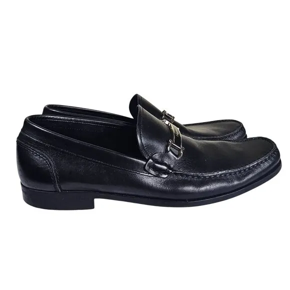 Salvatore Ferragamo Mens Black Leather Loafers 10.5D Silver Gancini Quiet Luxury