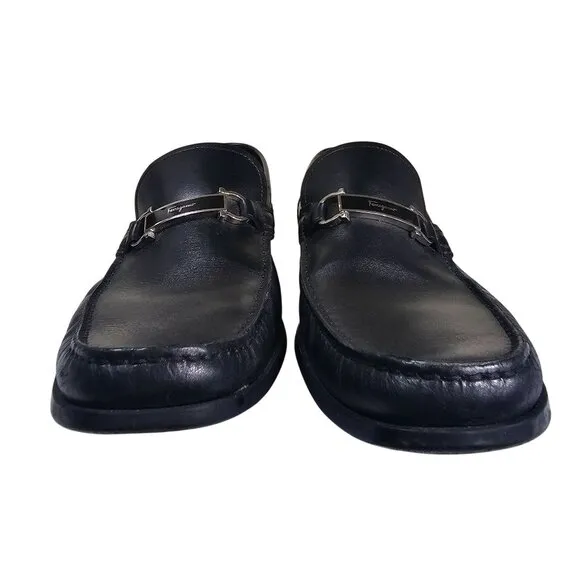 Salvatore Ferragamo Mens Black Leather Loafers 10.5D Silver Gancini Quiet Luxury