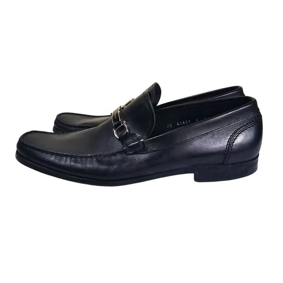 Salvatore Ferragamo Mens Black Leather Loafers 10.5D Silver Gancini Quiet Luxury