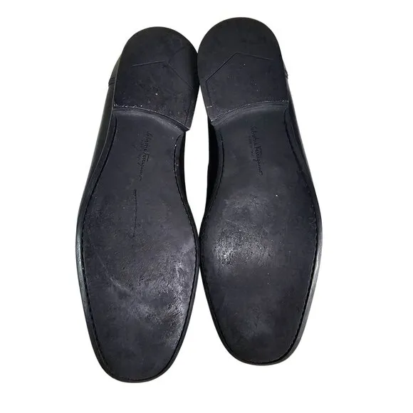 Salvatore Ferragamo Mens Black Leather Loafers 10.5D Silver Gancini Quiet Luxury