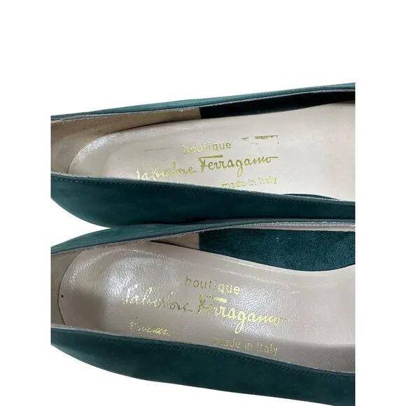 Salvatore Ferragamo Womens Green Suede Bow Loafers Elegant &amp; Timeless Size 9.5