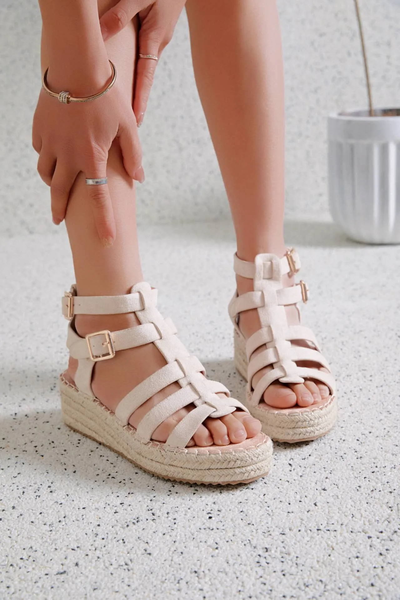 Sandales spartiate plateforme à semelle corde, Beige