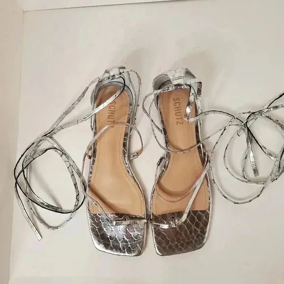 SCHUTZ Krist Flat Sandals in Croc-embossed Metallic Leather 10B
