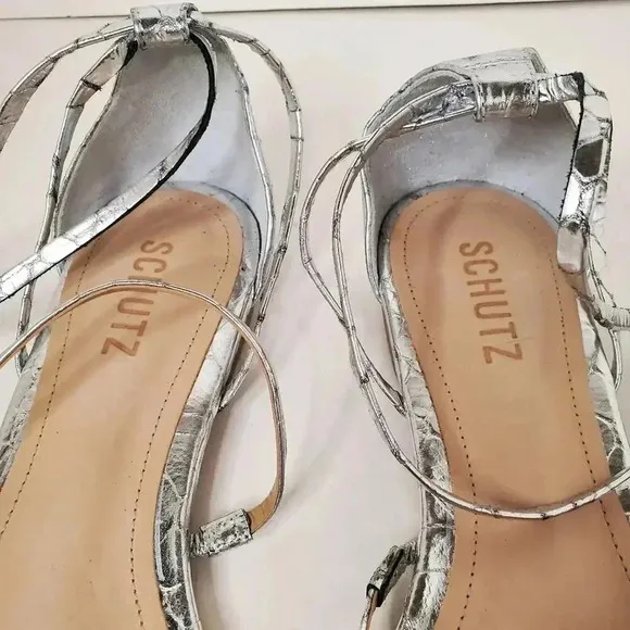 SCHUTZ Krist Flat Sandals in Croc-embossed Metallic Leather 10B