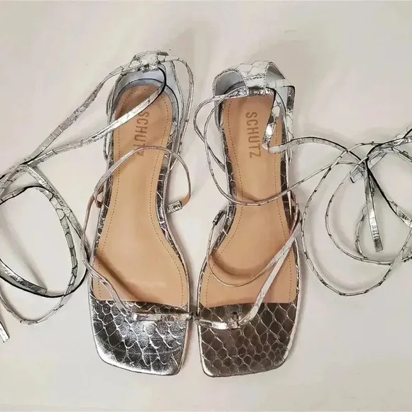 SCHUTZ Krist Flat Sandals in Croc-embossed Metallic Leather 10B