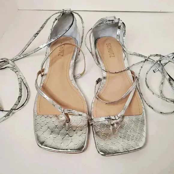 SCHUTZ Krist Flat Sandals in Croc-embossed Metallic Leather 10B