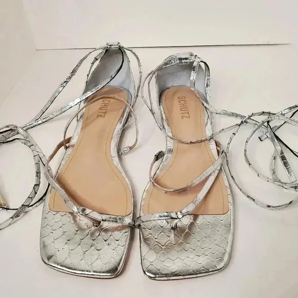 SCHUTZ Krist Flat Sandals in Croc-embossed Metallic Leather 10B