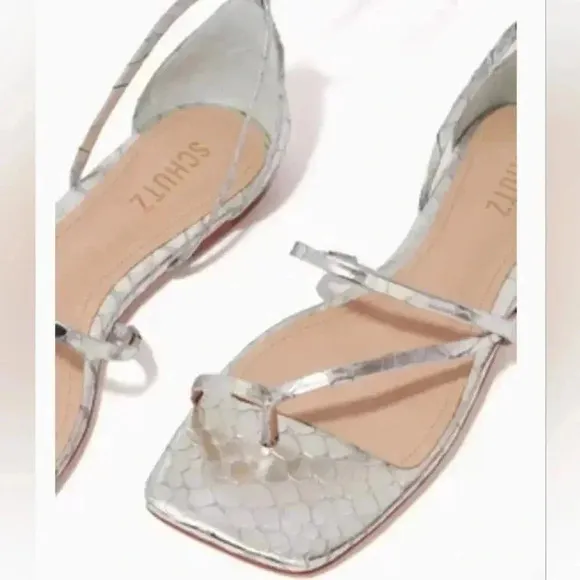 SCHUTZ Krist Flat Sandals in Croc-embossed Metallic Leather 10B