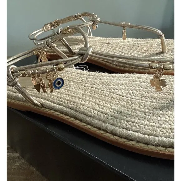 SCHUTZ Mitchell Sandals Gold Strappy thong charm Leather sole 9M NIB