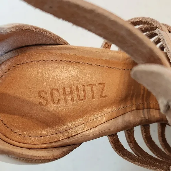 Schutz Tan Strappy Cage Wedge Heel Sandals Size 8.5 B