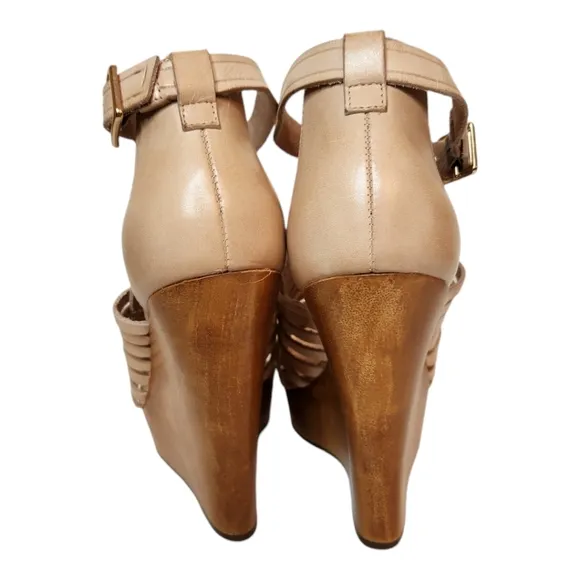 Schutz Tan Strappy Cage Wedge Heel Sandals Size 8.5 B