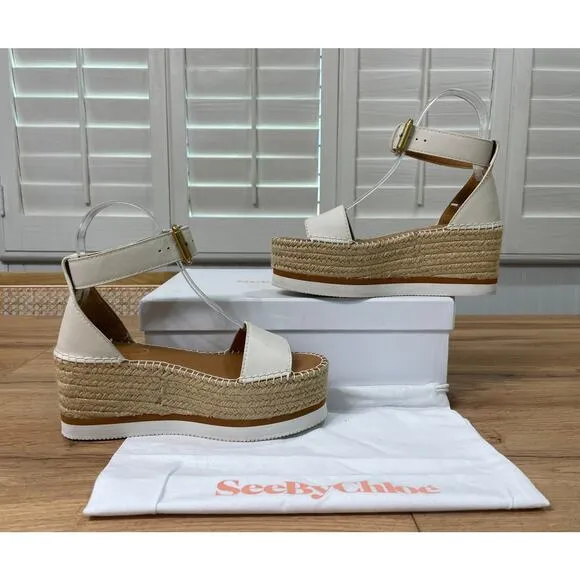 See by Chloé Calf Glyn Espadrille Platform Wedge Sandal Natural Size 5 US 35 EU