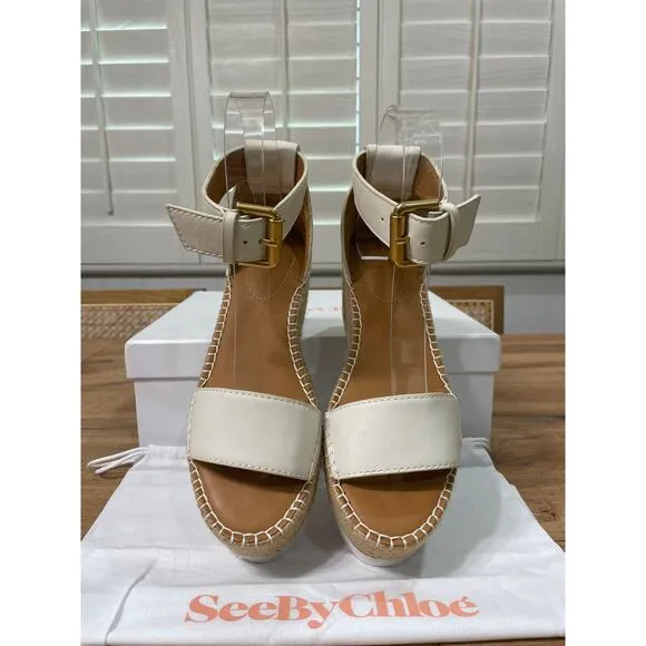 See by Chloé Calf Glyn Espadrille Platform Wedge Sandal Natural Size 5 US 35 EU
