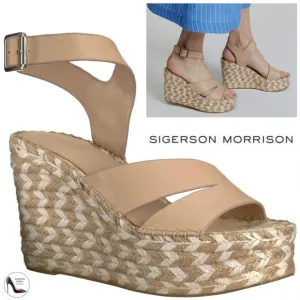 SIGERSON MORRISON Arien platform wedge Espadrille beige leather sandal pumps 7