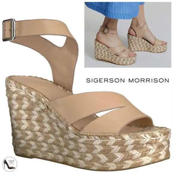 SIGERSON MORRISON Arien platform wedge Espadrille beige leather sandal pumps 7