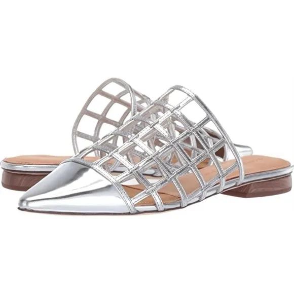 SIGERSON MORRISON Eddi caged mirrored silver leather mules flat heel sandals 37