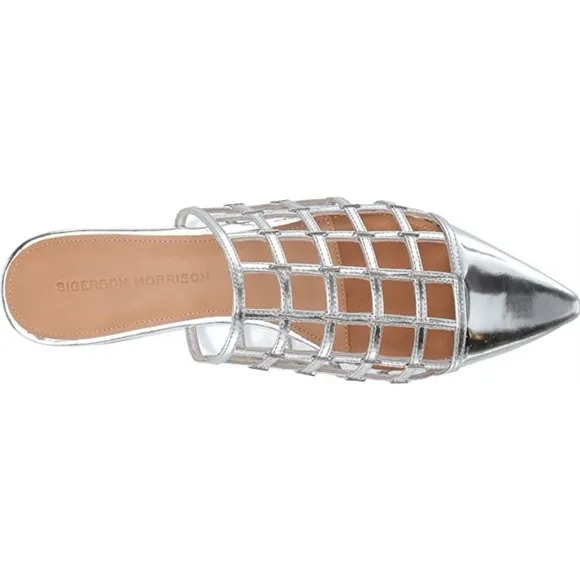 SIGERSON MORRISON Eddi caged mirrored silver leather mules flat heel sandals 37