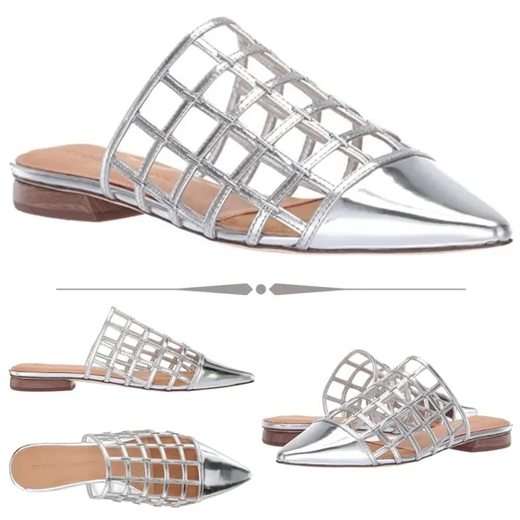 SIGERSON MORRISON Eddi caged mirrored silver leather mules flat heel sandals 37