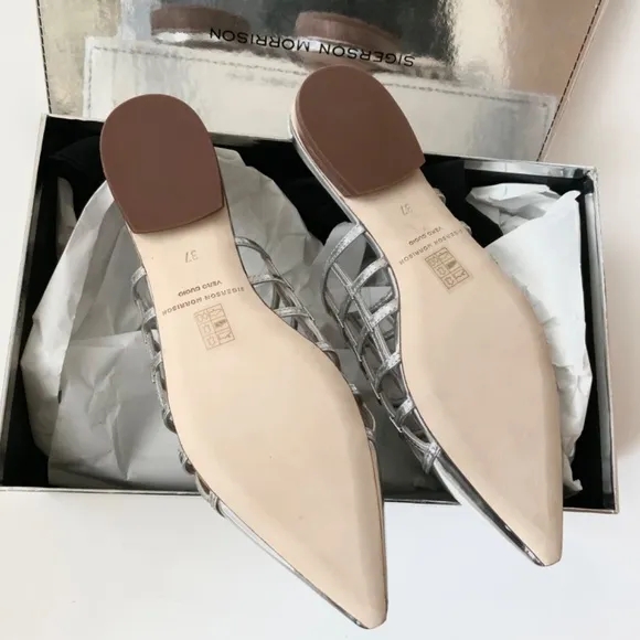 SIGERSON MORRISON Eddi caged mirrored silver leather mules flat heel sandals 37