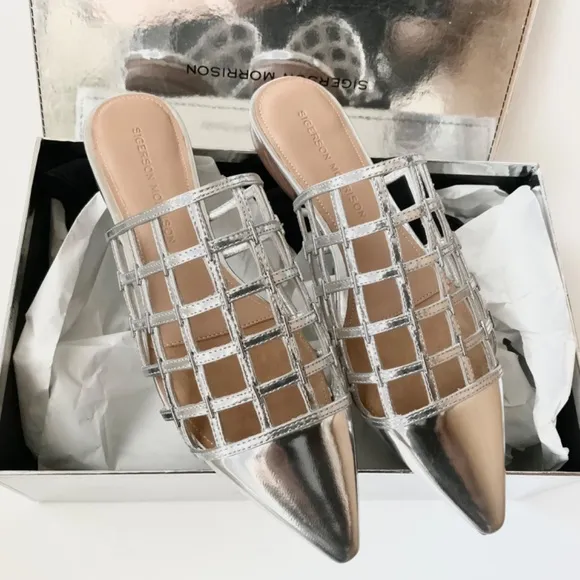SIGERSON MORRISON Eddi caged mirrored silver leather mules flat heel sandals 37
