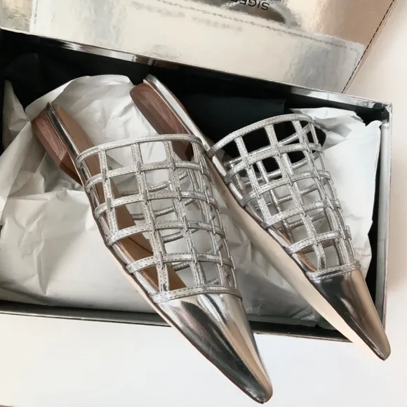 SIGERSON MORRISON Eddi caged mirrored silver leather mules flat heel sandals 37