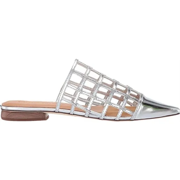 SIGERSON MORRISON Eddi caged mirrored silver leather mules flat heel sandals 37