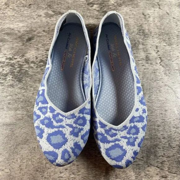 Skechers Ballet Flats Womens 7 W Stretch Knit Cleo Claw Blue Leopard Print Shoe