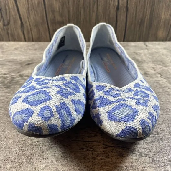Skechers Ballet Flats Womens 7 W Stretch Knit Cleo Claw Blue Leopard Print Shoe