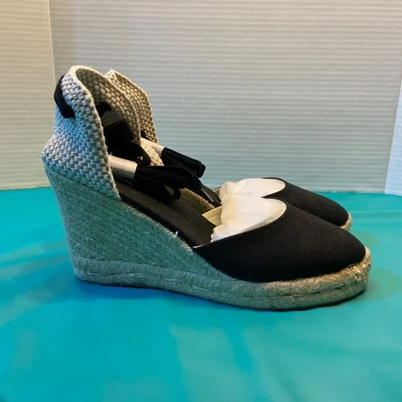 Soludos Marseille Wedge Espadrilles Black Closed-Toed Lace-up Tall Heel Boho